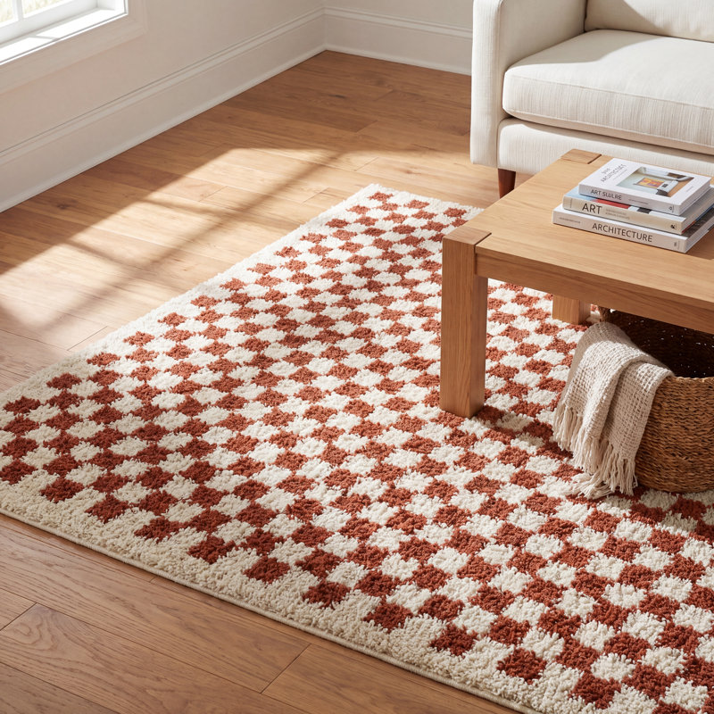 Walker Checkered Burnt Orange/Cream Shag Area Rug, Rectangle 5'3" x 7'