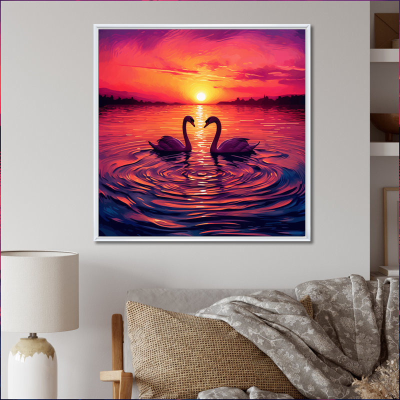 Cygnes amoureux, coucher de soleil romantique I, Cadre flottant blanc, H 24 po x l 24 po