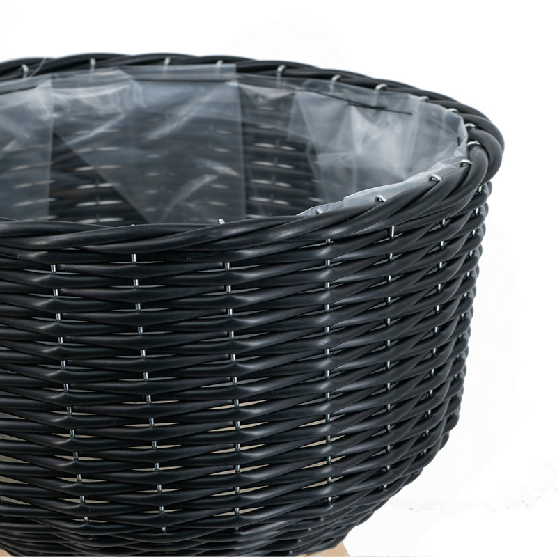 Set of 3 Black Poly Rattan Baskets with Rope Texture and Tapered Wooden Legs, L:12x12x23.5" M:10x10x17.5" S:8x8x13.5", Black