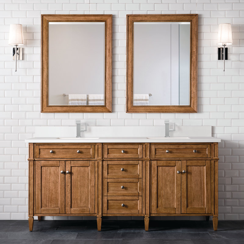 Meuble-lavabo double l 72 po Dussault, Brun selle, Blanc Zeus, Trou unique