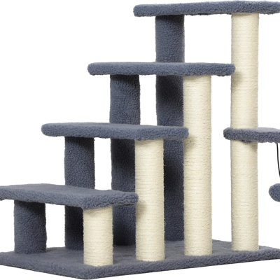 4 marches pour chat, tapis gris avec poteaux à griffer, jeu suspendu et marche latérale pour les familles d'animaux, les amateurs, jusqu'à 10 livres,
