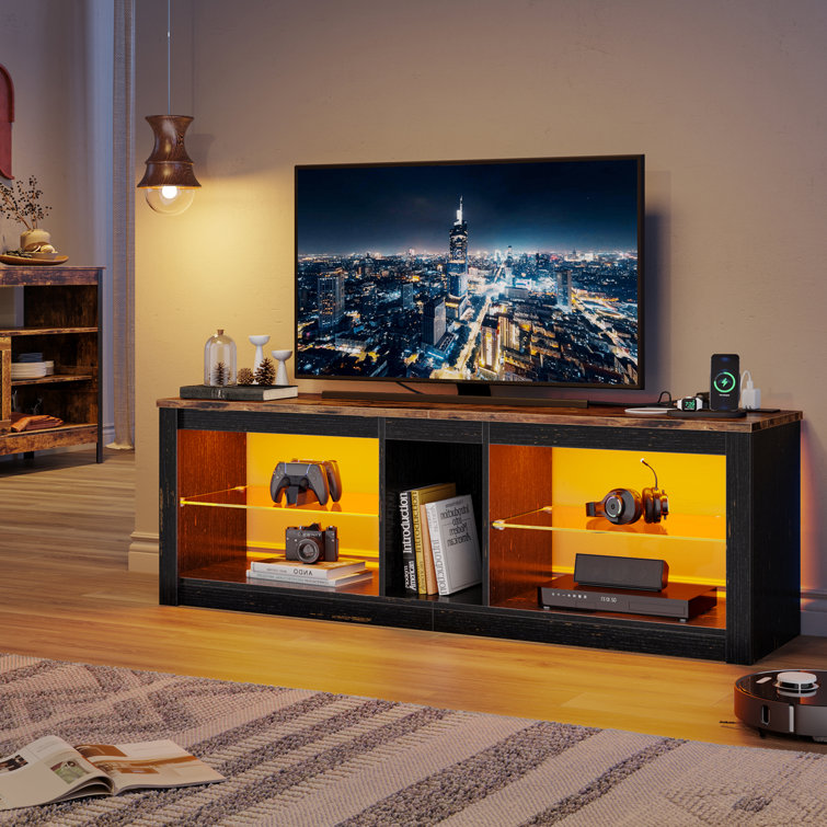 Aaleigha TV Stand Cabinet with Power Outlets 140CM Modern TV Unit with Glass Shelf RGB LED Lighted for 65" TVs