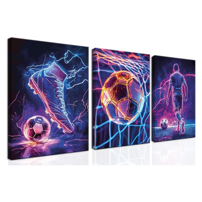 Cool, jeu d'art mural de jeu de football sur 3, images de toile de jeu vidéo néon, impressions de peinture de jeu de football coloré pour chambre de garçon, décor de salle de jeu pour enfants, salle de jeu de 12 x 16 pouces encadrée