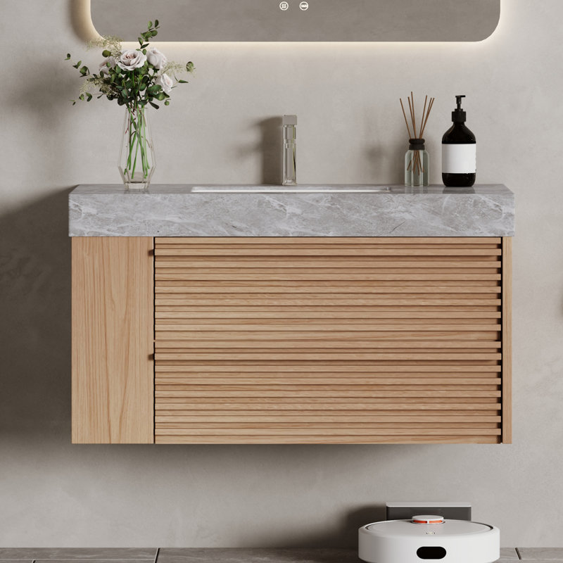 Meuble-lavabo moderne simple 36 po avec plateau en marbre 36 po, Marron clair