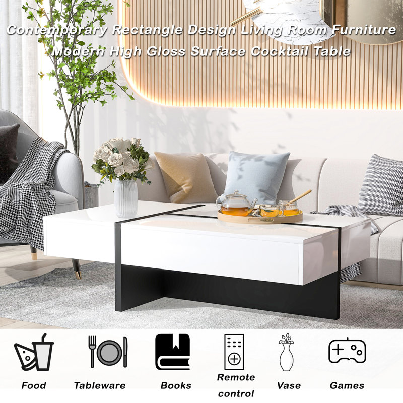 Table de salon moderne ultrabrillante avec tiroir pour l'organisation de la table basse de la pièce, 45,2 po de longueur, base blanche et stable
