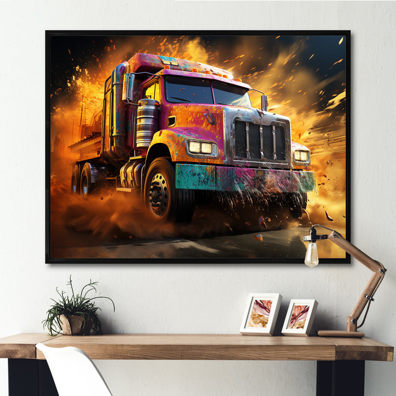 «Expressionist Monster Truck Fury IV» sur toile, Cadre flottant noir, H 34 po x l 44 po x P 1,5 po