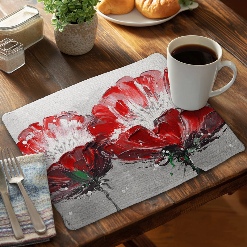 Napperon gris en polyester tressé à motif floral | Décor de fleurs sauvages