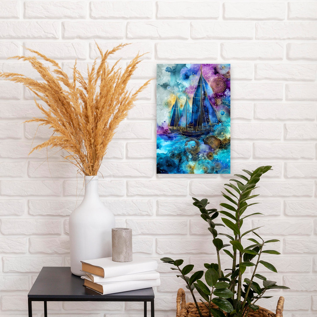 Cosmic Sailboats Journey Abstract Dreamy Ethereal Ocean Seascape Wall Art Print