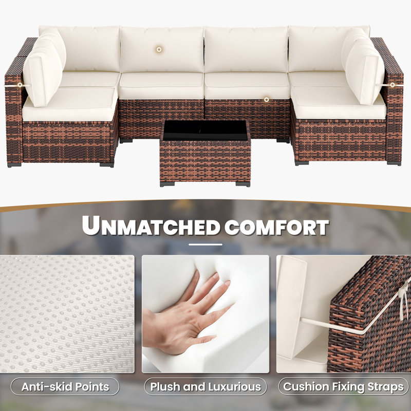 8 Piece Rattan Sectional Seating Group with Cushions and Fire Pit Table, Cream