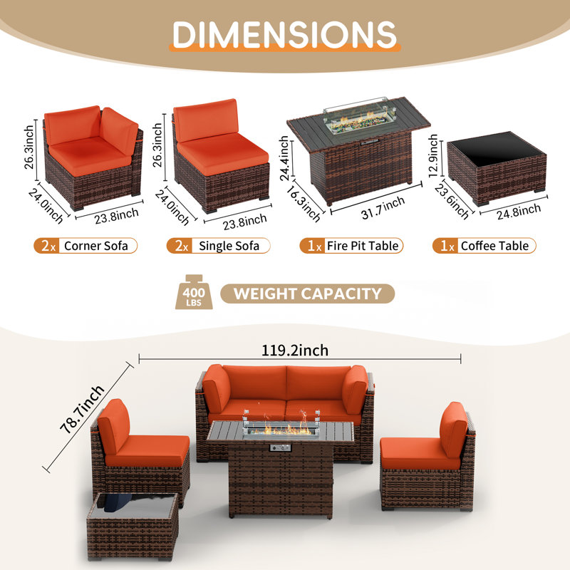 Ensemble de conversation en osier / rotin Bhairavi avec coussins et foyer, 4, Orange