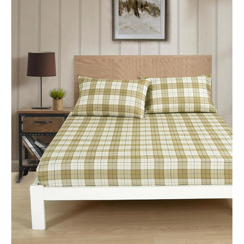 Queen Tan Beige Blue Plaid Microfiber Deep Pocket Sheet Set