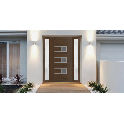 Front Exterior Prehung Metal-Plastic | Manux 8933 Walnut | 2 Side Sidelite Transoms | Office Commercial and Residential Doors Entrance Patio Garage 64" x 80" (W14+36+14" x H80") Left hand Inswing