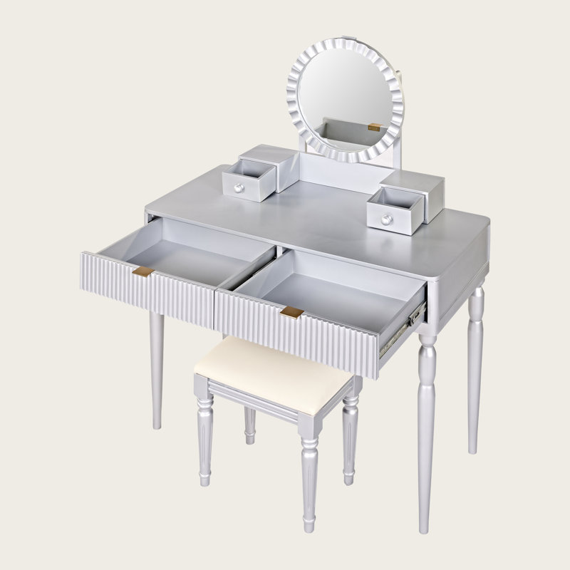 Luxury Vanity Desk Set With A Cushioned Stool, Round & Height Adjustable Mirror, 4 Drawers With Strip-fluted Panels, Silver