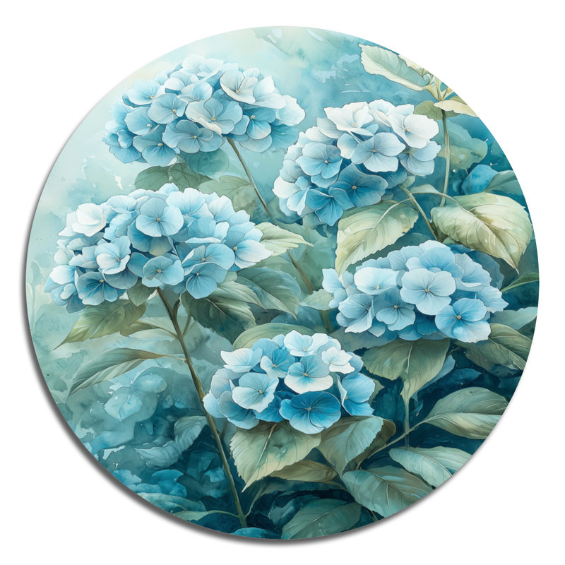 Hydrangea Blossom Harmony II - Hydrangea, art mural rond en métal, impression sur métal bleu traditionnel, H 16 po x l 16 po
