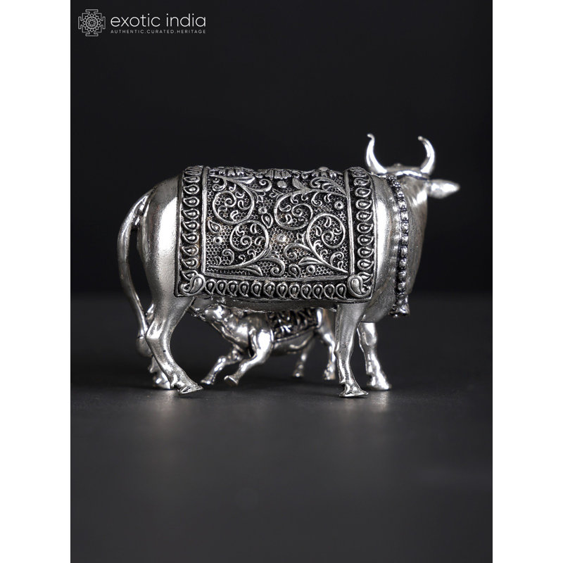 Petite statue de vache et de veau super fine en laiton plaqué argent en plusieurs tailles