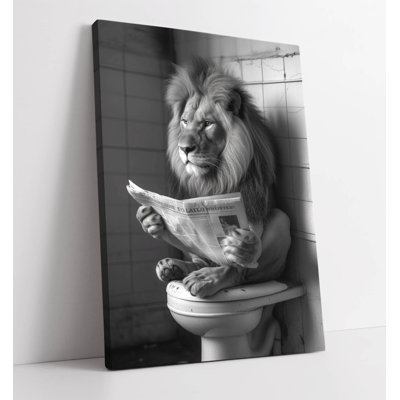 lion on toilet reading newspaper Canvas Wall Art Print