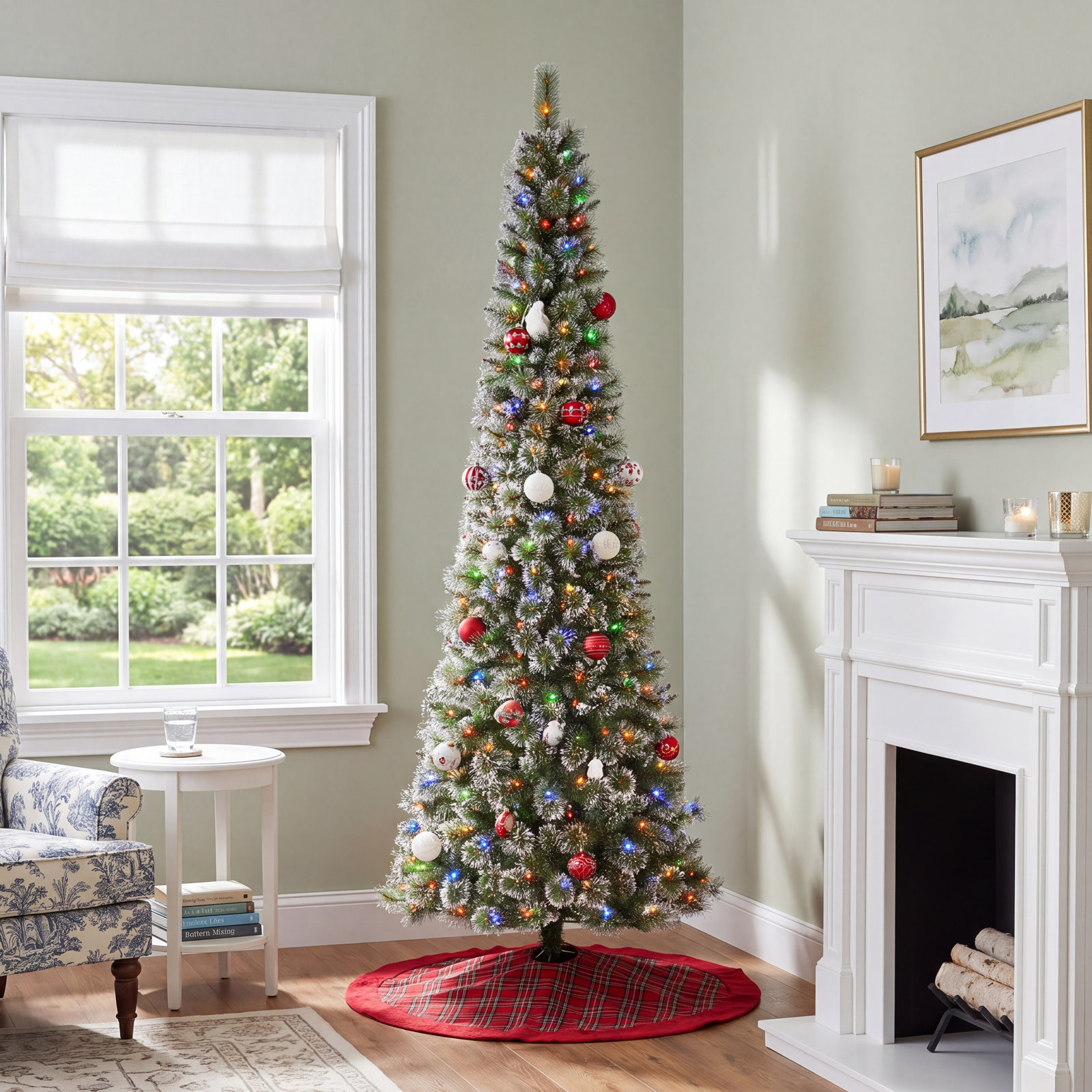 Leilonie Flocked Pre-Lit Pine Christmas Tree, 9'