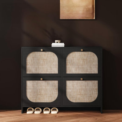 Armoire à chaussures autoportante en rotin mince, 4 tiroirs rabattables et 3 tablettes à niveaux, étagère à chaussures de style campagne moderne pour le vestibule, noir