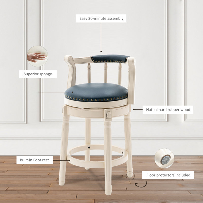 Sturdivant Genuine Leather Swivel Wooden, Bar Stool (29" Seat Height), Blue Leather/ Beige Frame