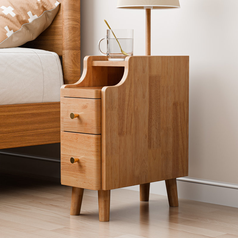 Narrow Nightstand with Drawers, Pre-Assembled Solid Wood Small Skinny Night Stand with Open Sliding Shelf, Oak, Set of 2