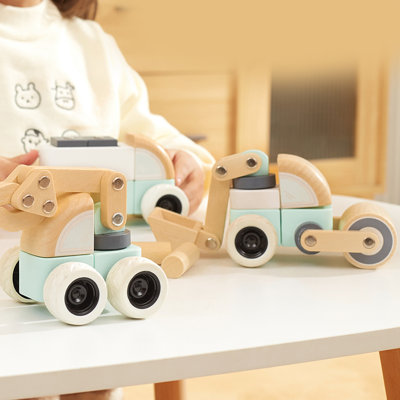 Freniland 3+ ans pour tout-petits en bois blocable Snap and Play, Mix and Match Car Set avec treuil, pelle et camion de chargement