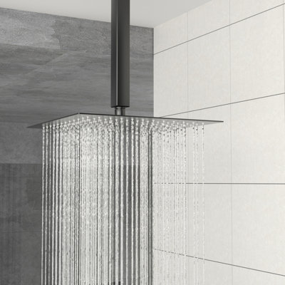 Pomme de douche carrée double 10 po avec système de fixation au plafond noir mat avec valve équilibrée, installation facile et fonction portative incluse