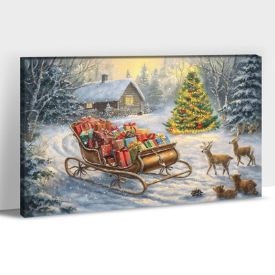 Décoration murale toile de Noël GUTTATY, impressions sur toile de traîneau des Fêtes d'hiver, images de scène d'arbre de fête et de cadeaux, peinture murale de chalet confortable pour le salon, espaces familiaux, 8 po x 12 po