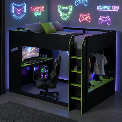 Full Loft Bed With Height-Adjustable Desk, Hanging Rod And Storage Headboard