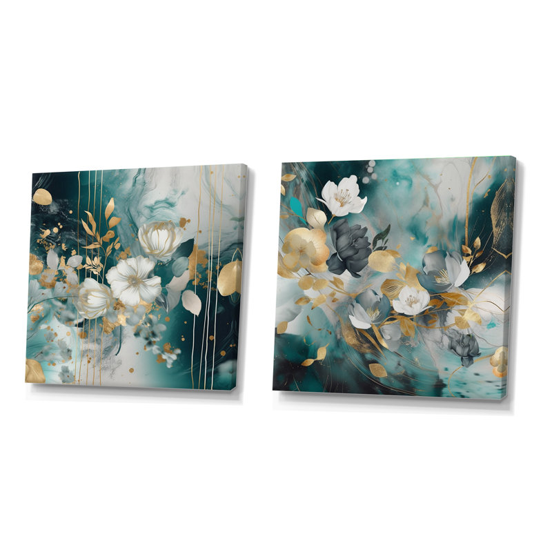 Ensemble de 2 fleurs dorées en marbre bleues - collage carré floral, Toile tendue, H 16 po x l 33 po