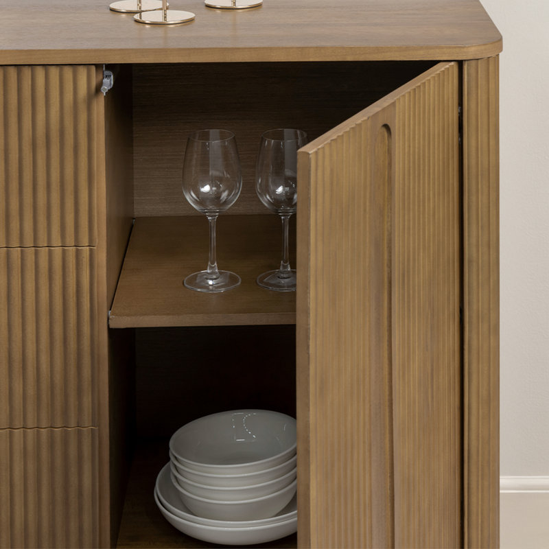 Potomac Reeded 3-Drawer Solid Wood Sideboard Cabinet with 2 Doors and Adjustable Shelves for Dining or Living Storage