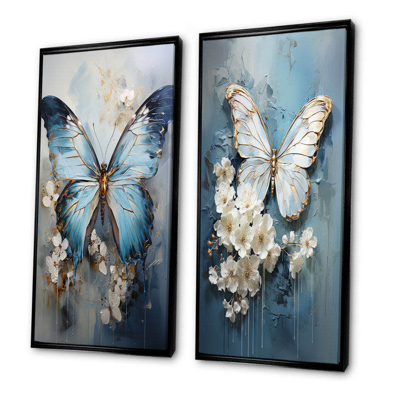 Butterfly Ethereal Blues Form Abstract Elegance - Ensemble de 2 décorations murales papillon, Cadre flottant noir