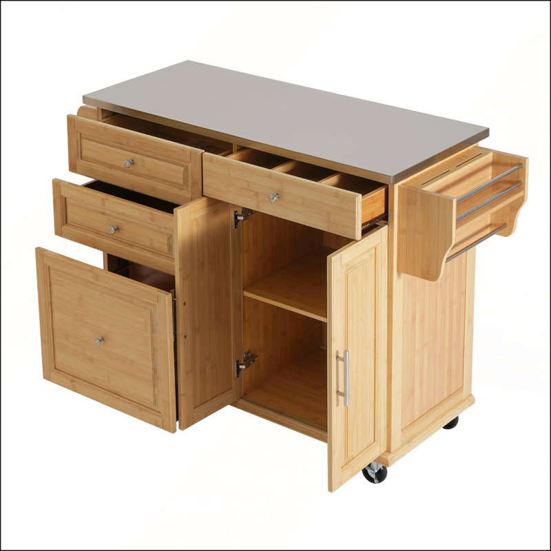 Îlot de cuisine intérieur en bambou avec plateau en acier inoxydable, chariot mobile avec tiroirs, armoire et porte-serviettes pour le bar et la salle à manger