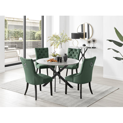 Tierra Modern Chrome Metal & Glass Round Dining Table Set with 4 Luxury Button Velvet Chairs