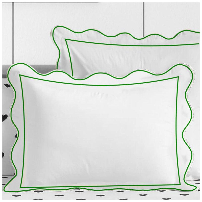 400TC Cotton Scallop Embroidery & Border Sateen Solid Duvet Cover Set, Full/Queen Duvet Cover, White/Green