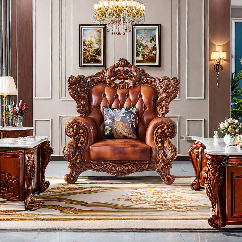 Fauteuil de style européen en cuir sculpté Carp