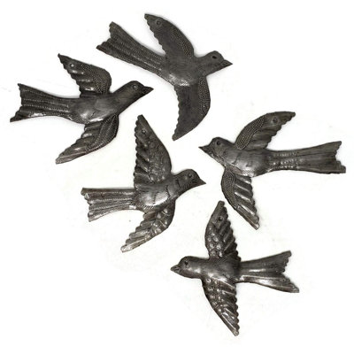 Set Of 5 Small Birds Flying, Decorative Bird, Metal Wall Hanging Ornaments, Haitian Recycled Figurines, Nature Inspired 4 X 5 Inches