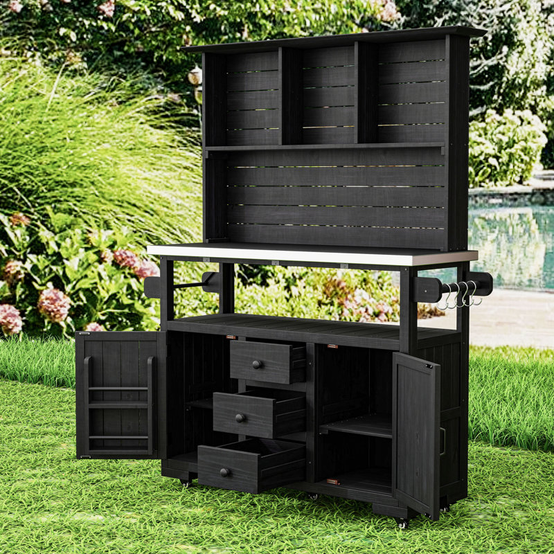 Banc de rempotage polyvalent avec plateau en acier inoxydable, tablettes réglables et roues verrouillables, Noir