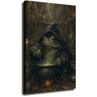 Canvas Wall Art, Wizard Frog Stirring Magic Potion Dark Cottagecore Oil Painting Framed Canvas Art For Halloween Home Wall Decoration