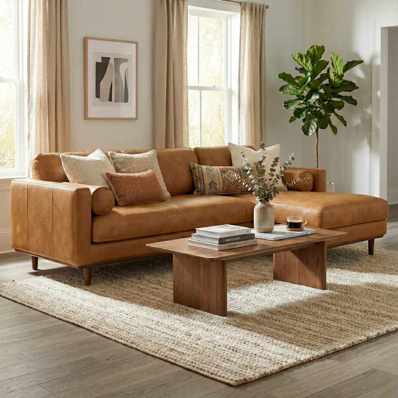 Canapé modulaire Morrison Mid Century, Cuir véritable terre de sienne, Orienté à droite