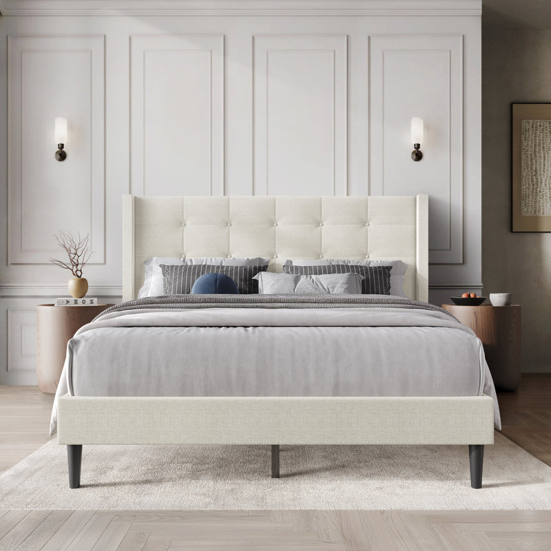 Glam Wingback Platform Bed, Beige, Full