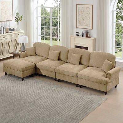 Classic Three Seater Modular L Shaped Sectional Couch With Flared Arms And Removable Ruffles Pleats Skirts And Spindle Legs, Comfy Chenille Four-Seat Deep Seat Sofa With Movable Ottoman, Light Coffee