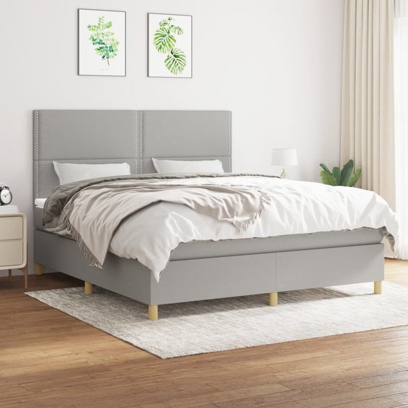 Lit à sommier tapissier avec matelas, Gris clair / noir, Tissu, Grand