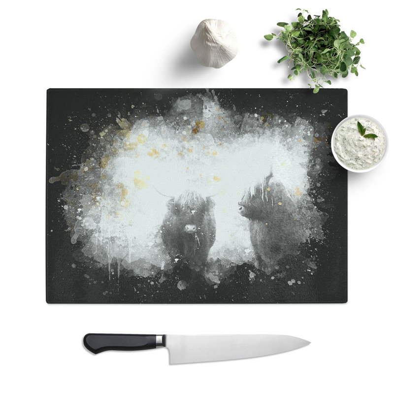 Tempered Glass Two Highland Cows Paint Splash Chopping Board, 20 cm x 28.5 cm