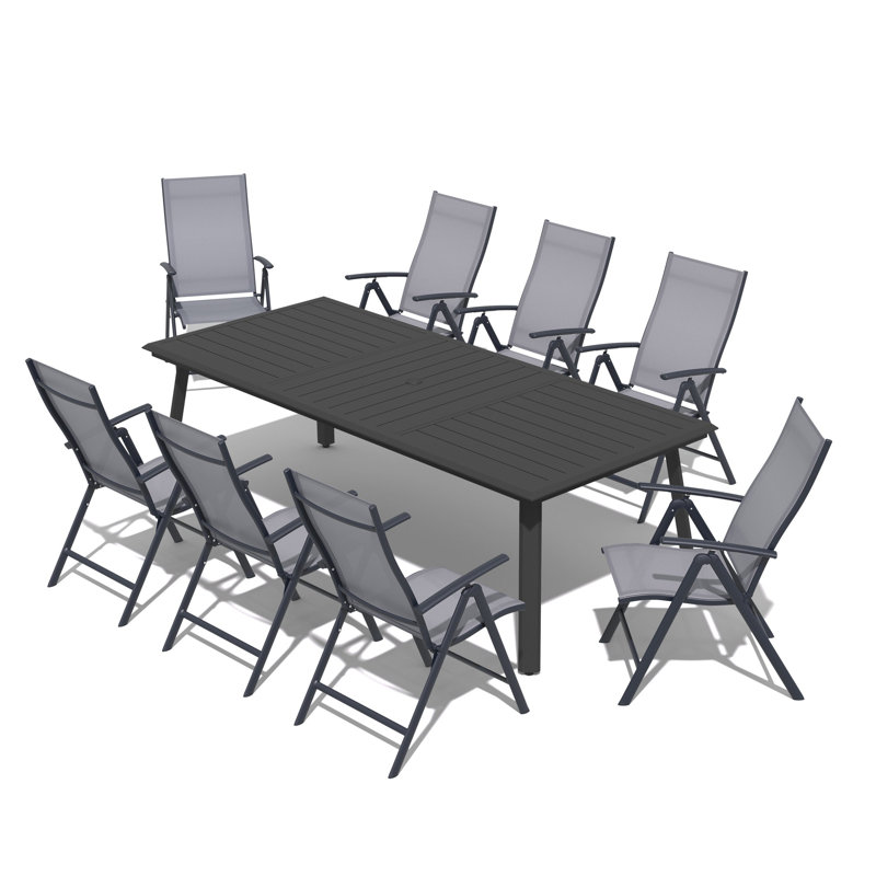 Mcnett 8 - Person Outdoor Dining Set with Adjustable Folding Chairs and Umbrella Hole, Black/Gray