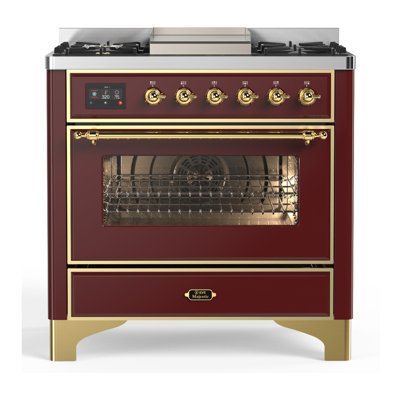 Majestic III Series 36 Inch Dual Fuel Range with 6 Sealed Burners, Griddle, in Burgundy (Natural Gas, Brass Trim)