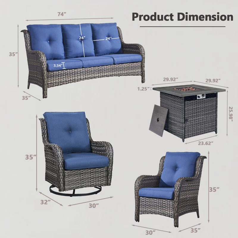 Schutt 7 - Person Outdoor Sofa Seating Group with Patio Wicker Chairs, Fire Pit and Cushions, Blue
