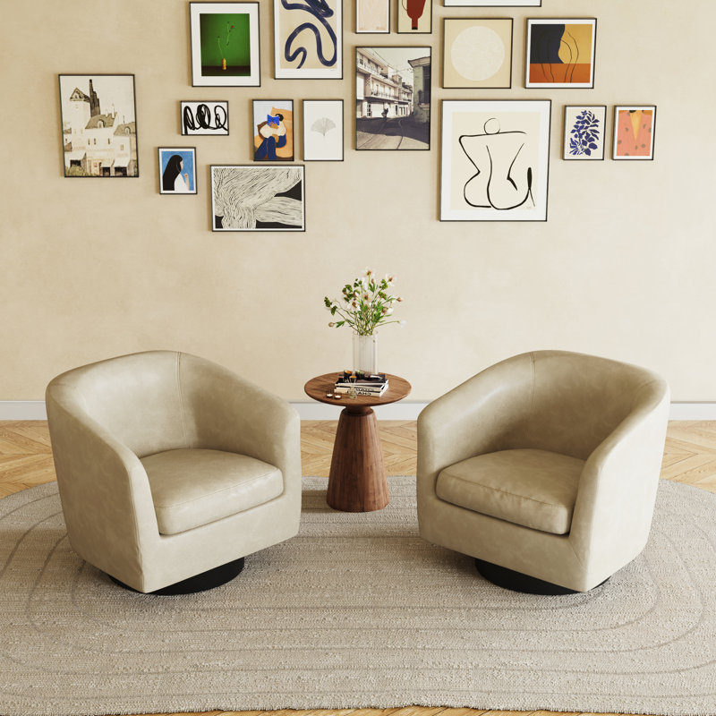 72Cm Wide Swivel Barrel Chair, Cream Faux Leather/Dark Brown Wood