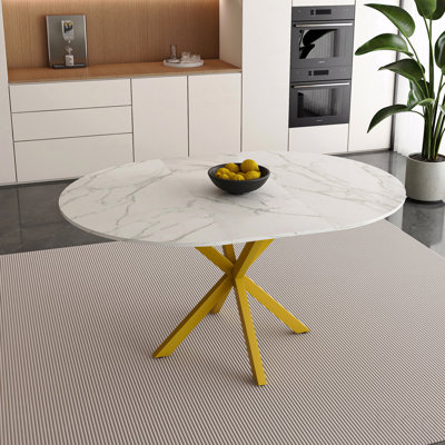 Modern And Simple Round Dining Table With Extendable Blades, Carbon Steel X-Shaped Base