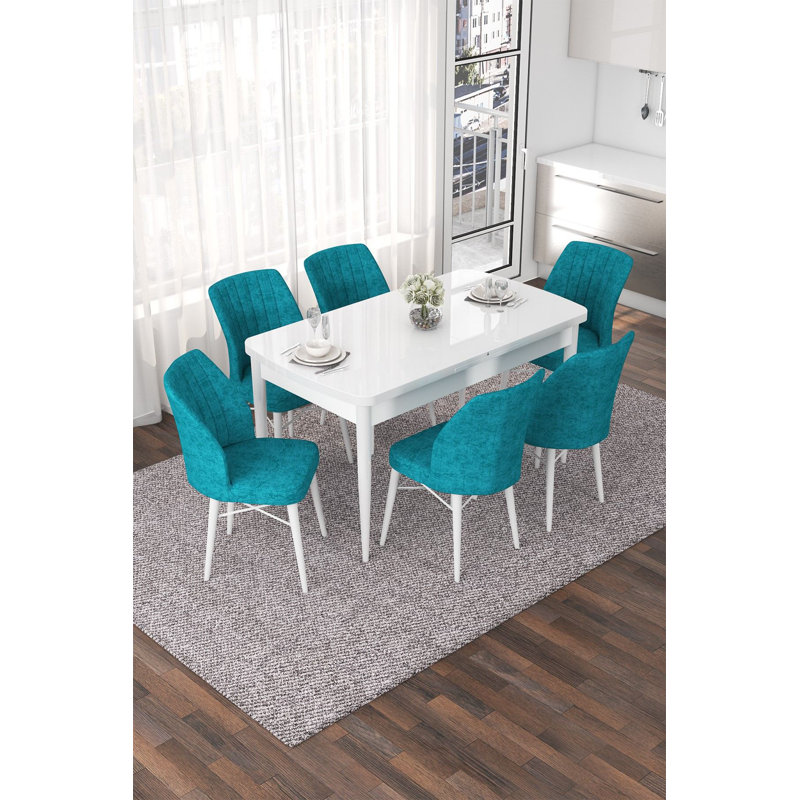 Ensemble de table et chaises de salle à manger extensible Modern (7 pièces), blanc et turquoise | 100% panneau de fibres à densité moyenne avec pieds en bois, structure de chaise en métal | Table: 44,9 po x 30,7 po x 27,6 po, ouverte: 56,7 po | Coussins en mousse confortables pour une expérience culinaire élégante