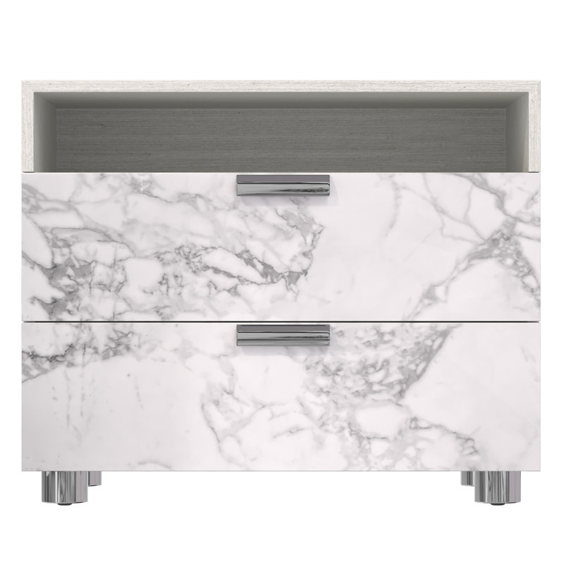 Gray Marble 2-Drawer Nightstand with USB Ports